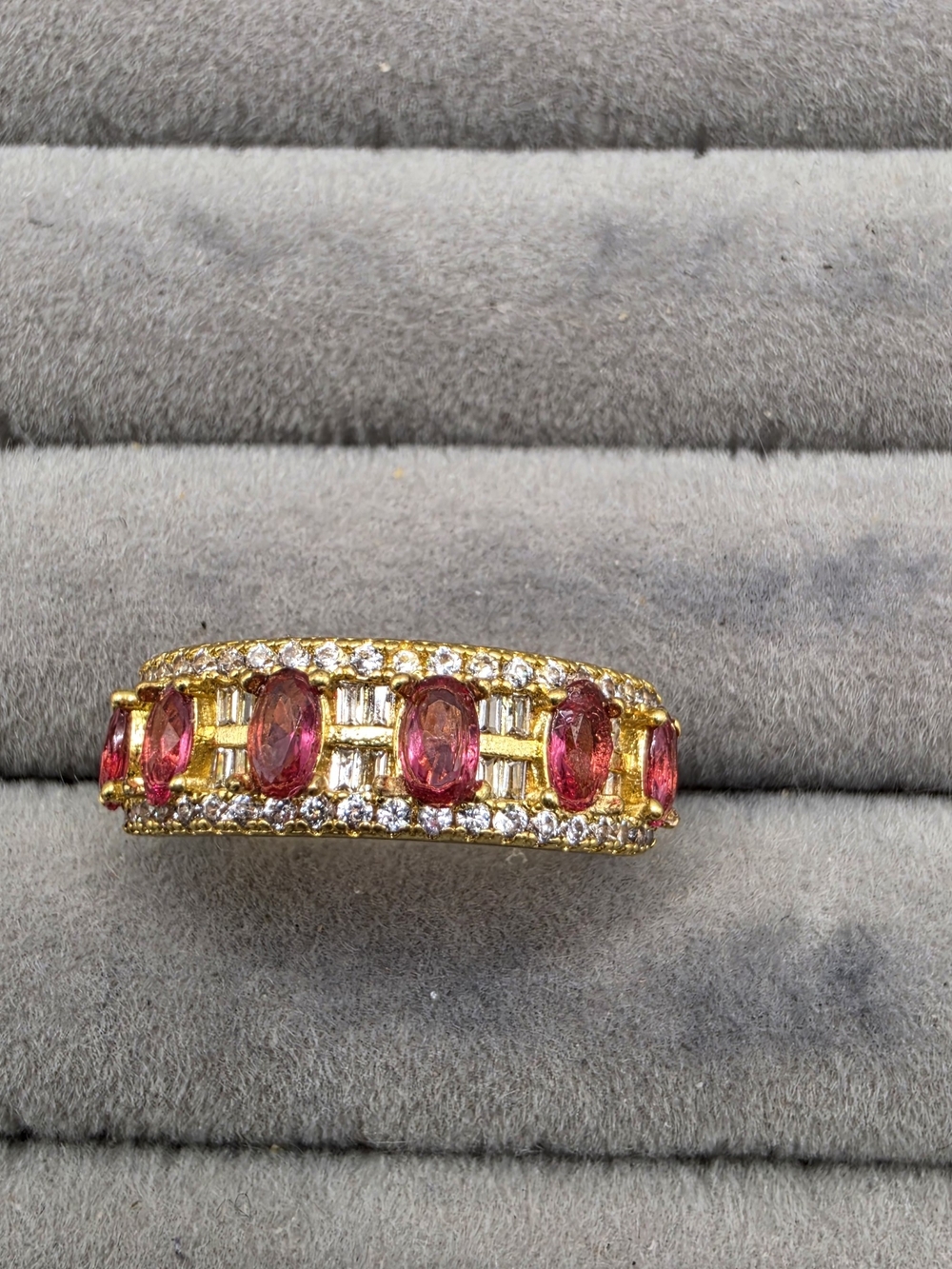 Gold Band Ring Size 9 with Pink Oval Cubic Zarconia and Clear Accents